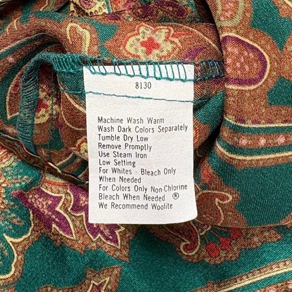 VTG RUSS Paisley Print Tie Neck Blouse Faux Silk Shirt Gold Green Womens Size 16 - Picture 11 of 12